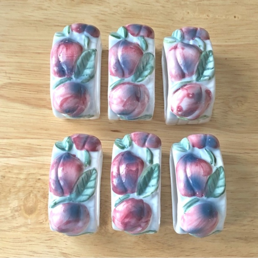 Vintage Town and Country Porcelain Basket Weave Apple Harvest Napkin Rings (6)